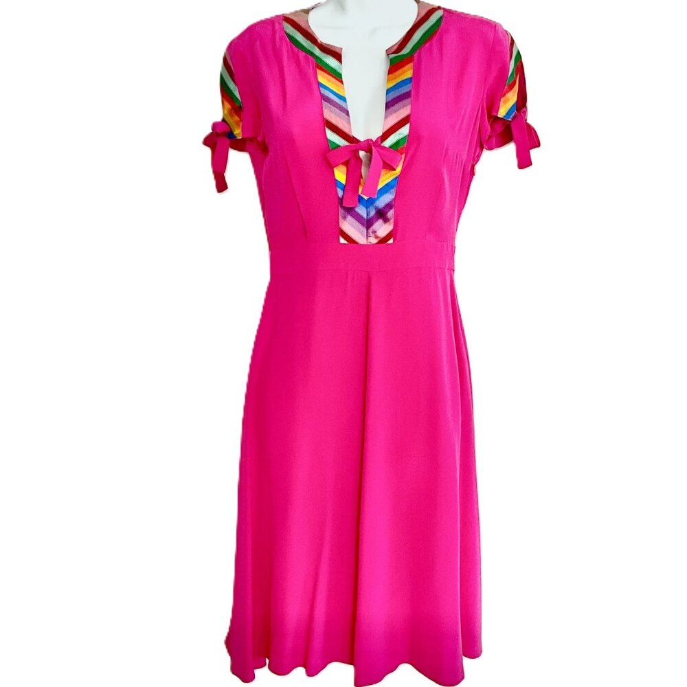 ETRO Milano 100% Silk Dress Pink Rainbow Trim Short Sleeve IT 42 Italy